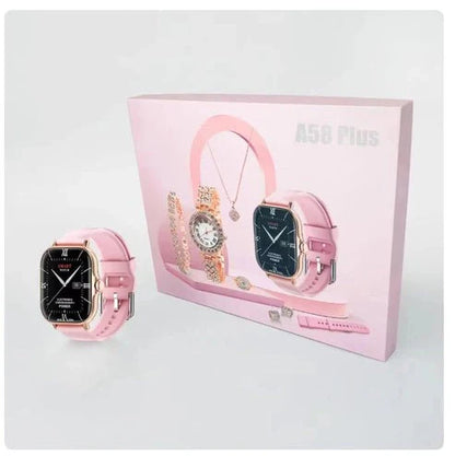 7 in 1 set A58 plus Suit with 2 straps Earrings bracelets necklaces set BT Call 2.02inch women smartwatch